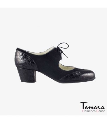 chaussures professionelles de flamenco pour femme - Begoña Cervera - Cordoneria daim et peau de d'alligator noir talon cubano