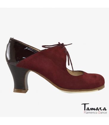 chaussures professionelles de flamenco pour femme - Begoña Cervera - Arty daim et cuir vernis bordeaux carrete bois foncé 