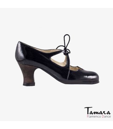 flamenco shoes professional for woman - Begoña Cervera - Dulce black patent leather carrete dark wood 