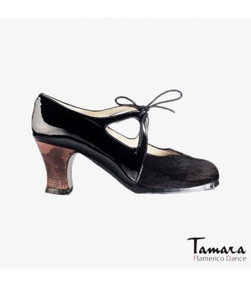 chaussures professionelles de flamenco pour femme - Begoña Cervera - Dulce cuir vernis et daim noir carrete bois foncé 