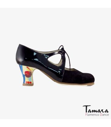 flamenco shoes professional for woman - Begoña Cervera - Dulce black suede and patent leather carrete painted 