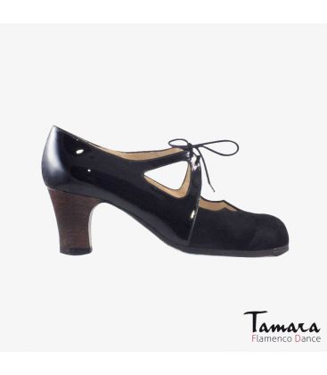 chaussures professionelles de flamenco pour femme - Begoña Cervera - Dulce daim et cuir vernis noir carrete bois foncé 