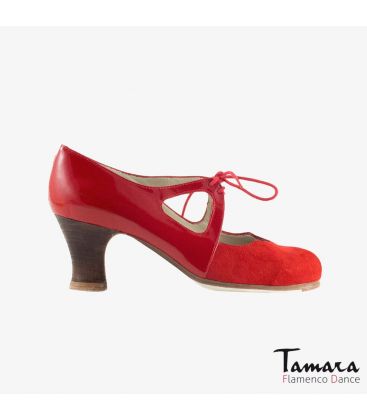 zapatos de flamenco profesionales personalizables - Begoña Cervera - Dulce charol y ante rojo carrete madera oscura 