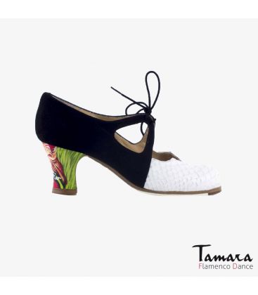 zapatos de flamenco profesionales personalizables - Begoña Cervera - Dulce serpiente blanca y ante negro carrete pintado