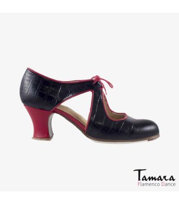 zapatos de flamenco profesionales personalizables - Begoña Cervera - Escote coco negro piel roja carrete