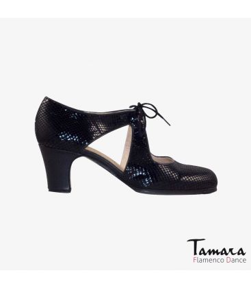 chaussures professionelles de flamenco pour femme - Begoña Cervera - Escote peau de serpent noir talon classique 