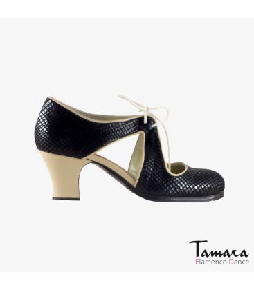 chaussures professionelles de flamenco pour femme - Begoña Cervera - Escote peau de serpent noir et cuir chino carrete 