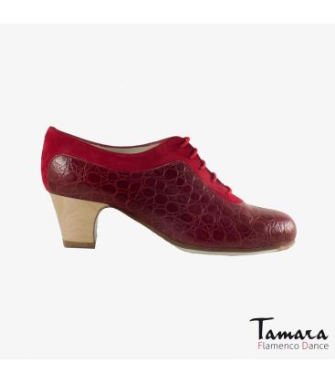 chaussures professionelles de flamenco pour femme - Begoña Cervera - Ingles Coco daim rouge et peau d'alligator bordeaux talon classique 5cm bois 