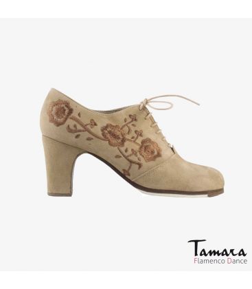 flamenco shoes professional for woman - Begoña Cervera - Ingles Bordado (embroidered) beige suede classic 7cm heel 