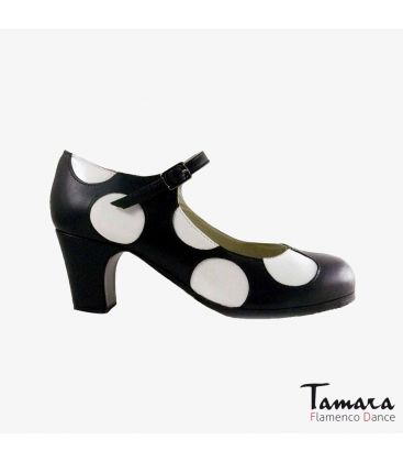 chaussures professionelles de flamenco pour femme - Begoña Cervera - Lunares cuir blanc et noir talon classique 