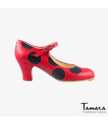 zapatos de flamenco profesionales personalizables - Begoña Cervera - Lunares piel negro y rojo tacon carrete 