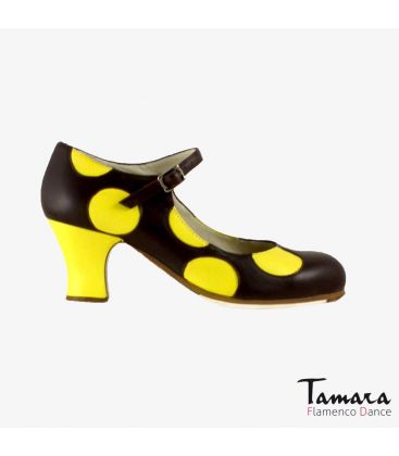 chaussures professionelles de flamenco pour femme - Begoña Cervera - Lunares cuir jaune et noir talon carrete