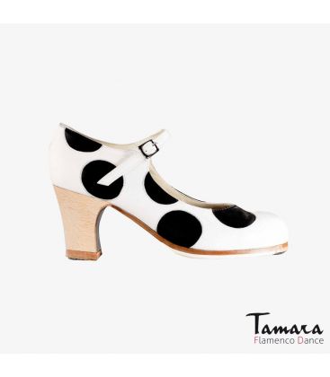 chaussures professionelles de flamenco pour femme - Begoña Cervera - Lunares cuir blanc et noir talon classique bois