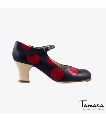 chaussures professionelles de flamenco pour femme - Begoña Cervera - Lunares cuir rouge et noir talon carrete bois