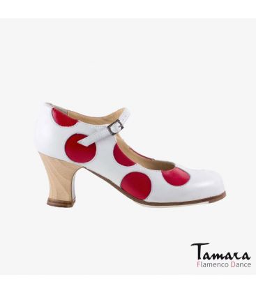 zapatos de flamenco profesionales personalizables - Begoña Cervera - Lunares piel rojo y blanco tacon carrete madera