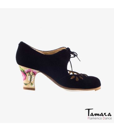 flamenco shoes professional for woman - Begoña Cervera - Petalos black suede carrete painted heel 