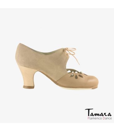 zapatos de flamenco profesionales personalizables - Begoña Cervera - Petalos ante y piel beige tacon carrete madera