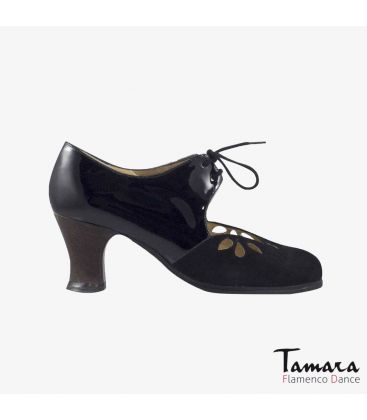 zapatos de flamenco profesionales personalizables - Begoña Cervera - Petalos charol y ante negro tacon carrete madera oscura 