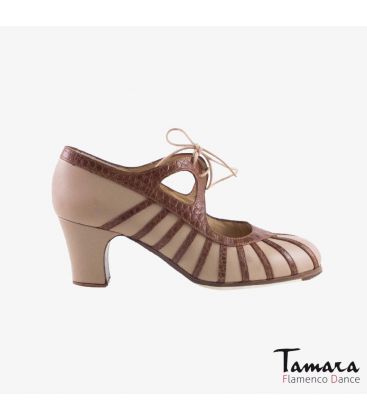 chaussures professionelles de flamenco pour femme - Begoña Cervera - Primor cuir beige et peau d'alligator marron talon classique 