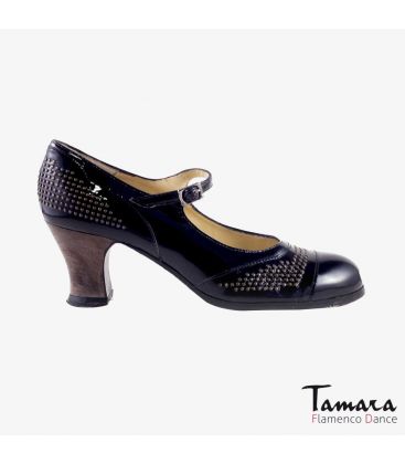 chaussures professionelles de flamenco pour femme - Begoña Cervera - Tachas cuir vernis carrete bois foncé 