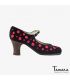flamenco shoes professional for woman - Begoña Cervera - Topos Bordados (embroidered) black suede carrete dark wood 