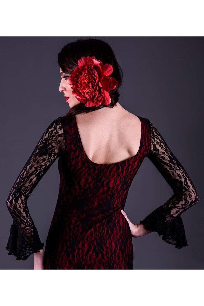 Maillot, body et haut de flamenco FEMME modèle T-shirt Alcazar - Viscose et dentelle Noir avec de la dentelle noire