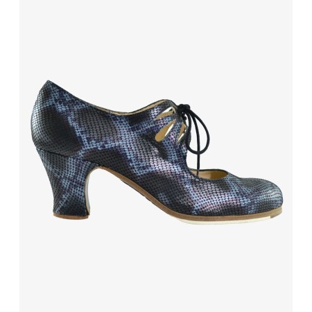 Chaussures professionnelles de flamenco modèle Chaussures de flamenco Cordonera Calado - Noir - Peau de serpent - Bois - Carrete 6cm - Normal Noir