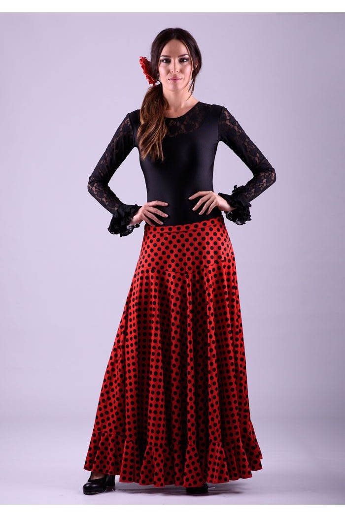  Flamenco skirts WOMAN model Flamenco skirt Sevillana with Polka dots - Knitted Red with black polka dots