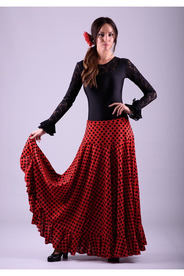  Flamenco skirts WOMAN model Flamenco skirt Sevillana with Polka dots - Knitted Red with black polka dots