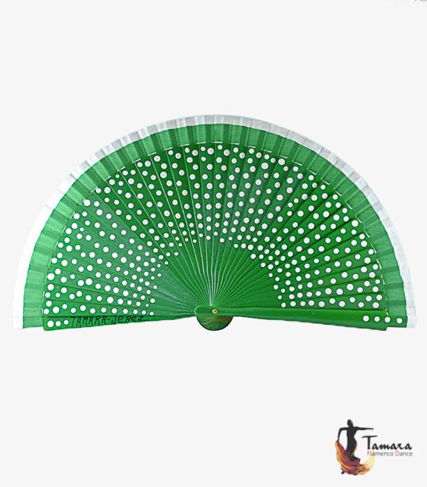 Abanico flamenco (19 cm) - Lunares blancos pintado a mano Verde Andalucia