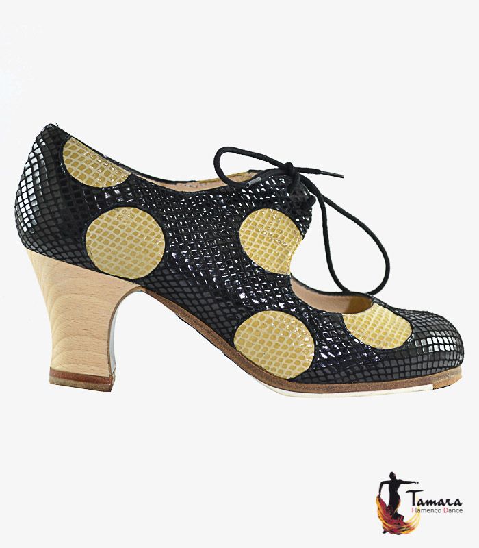 Zapatos de flamenco Cordonera Lunares Negro-Beige Ancho especial Carrete 6cm Madera