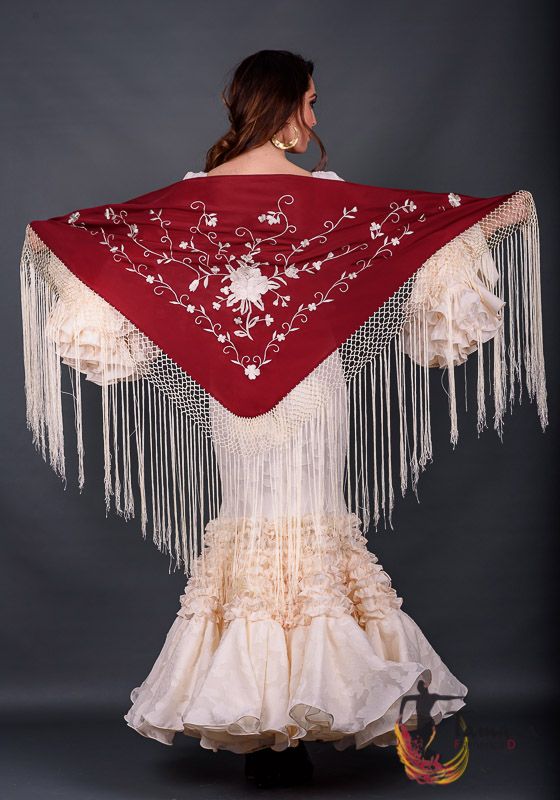 Manton Roma Fleco Marfil - Bordado Marfil Burdeos