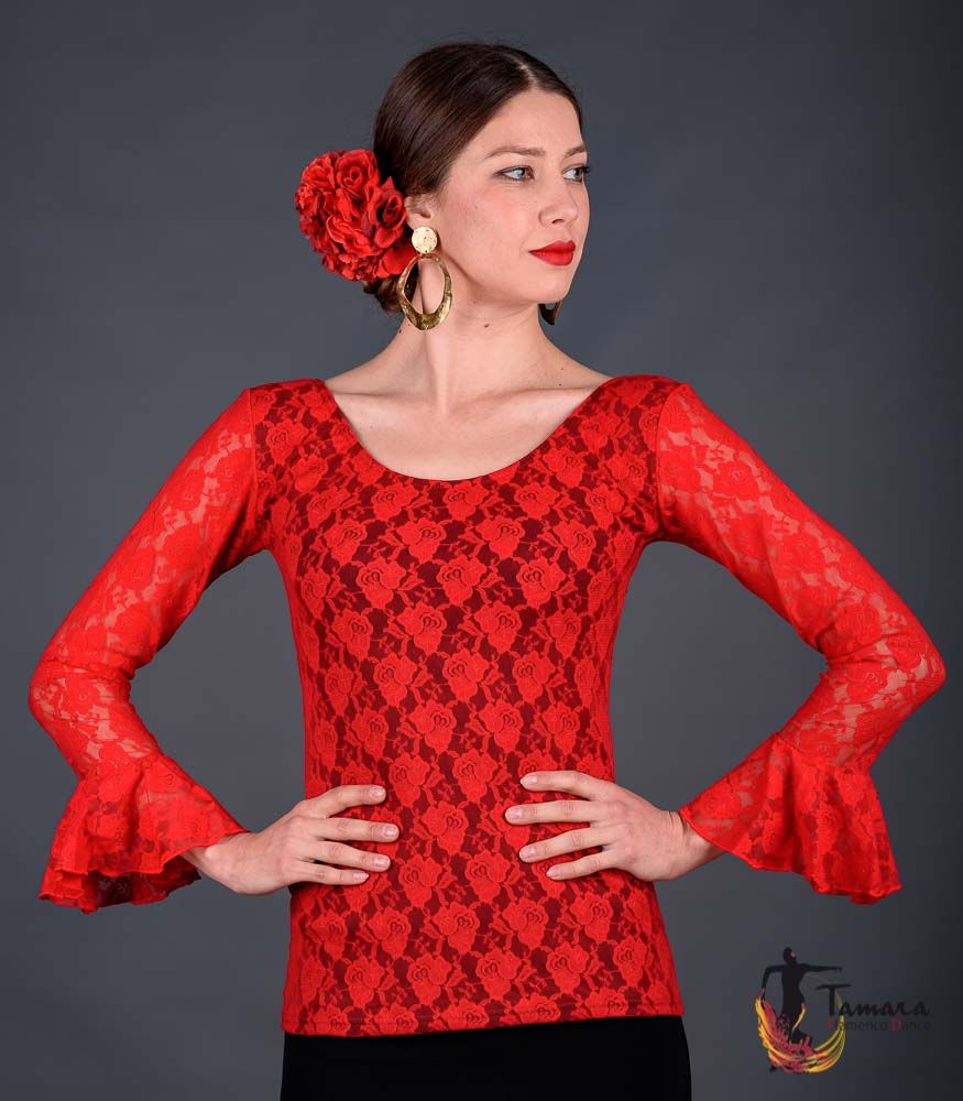 Camiseta Alcazar - Viscosa y encaje negro con encaje rojo