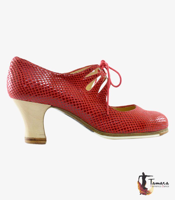 Zapatos de flamenco Cordonera Calado Rojo Carrete 6cm Madera