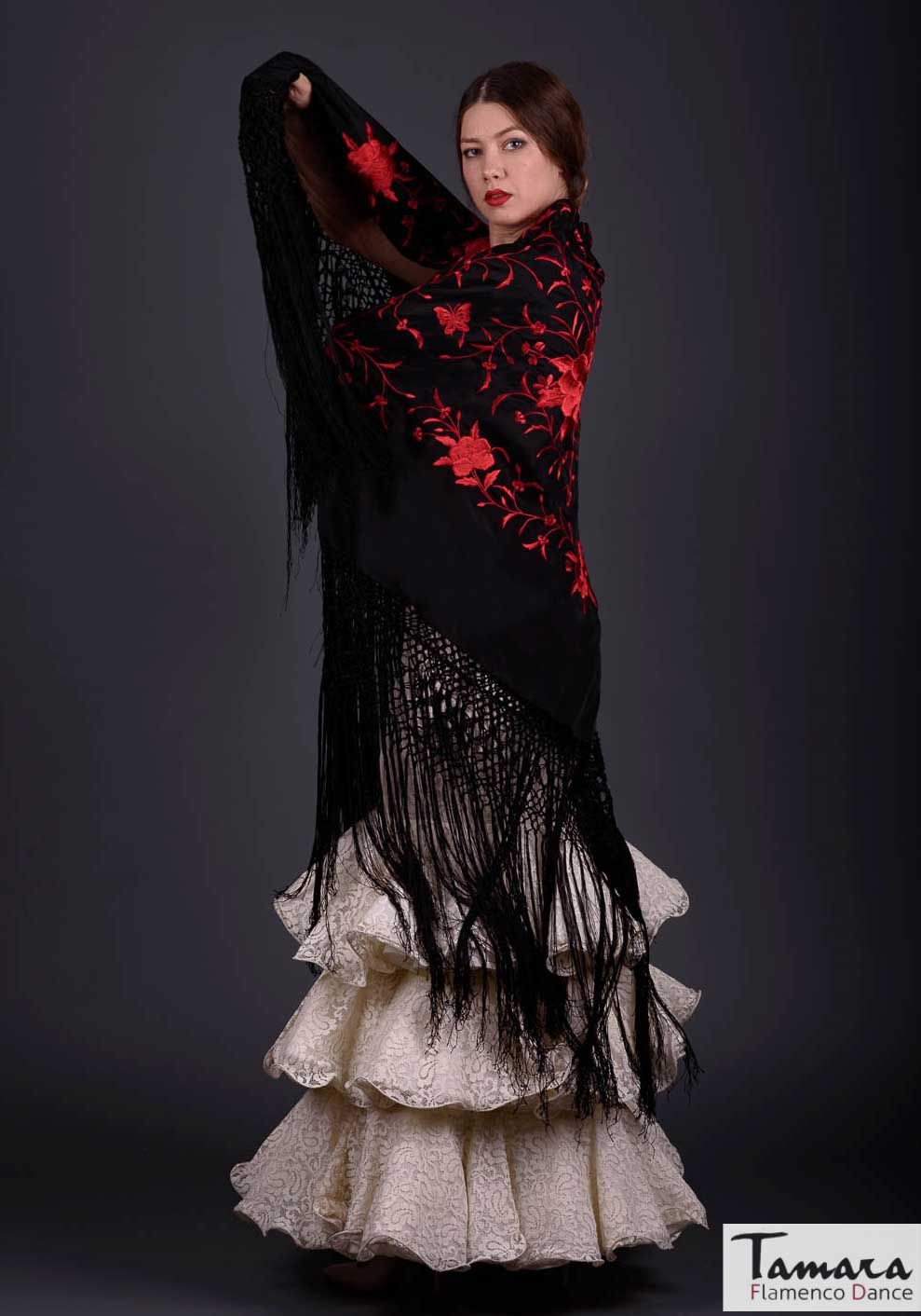 Manton de Manila Primaveral - Bordado Rojo