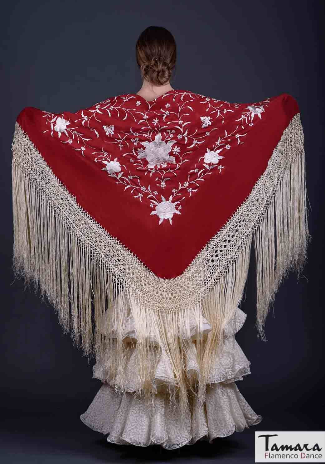 Manton de Manila Primaveral Fleco Marfil - Bordado Marfil