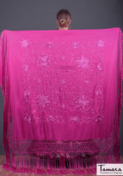 Manton de Manila Primaveral - Bordado Fuxia Verde Agua