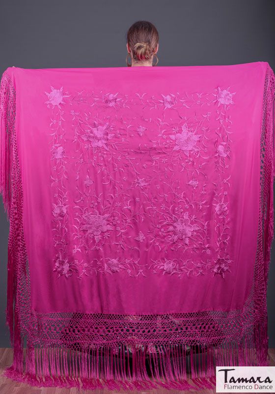 Manton de Manila Primaveral - Bordado Fuxia Verde Agua