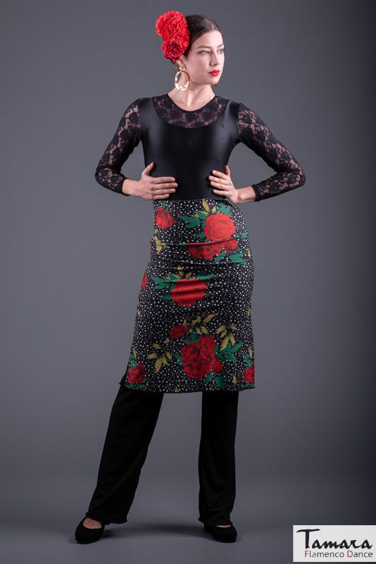 Falda flamenco Falda-Pantalón Huelva - Punto Elastico Negro-blanco floral