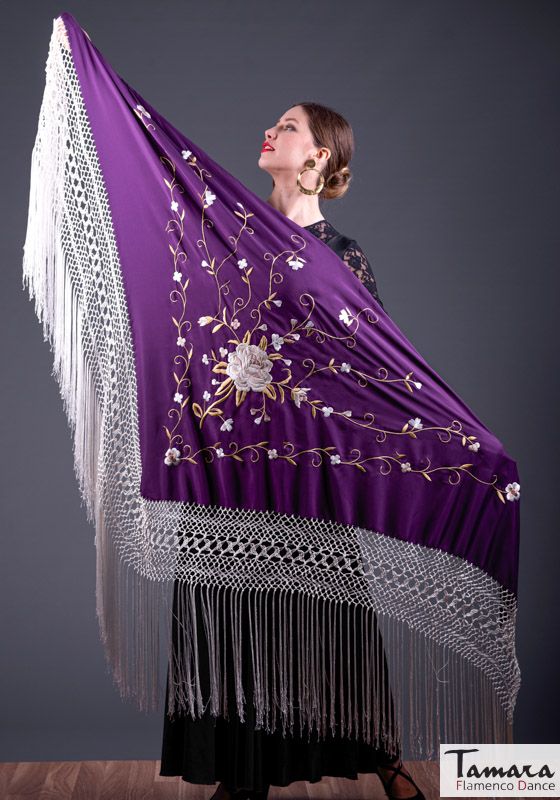 Manton Roma Fleco Marfil - Bordado Tierra y oro Morado