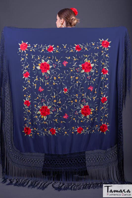 Manton de Manila Primaveral - Bordado Multicolor Azul Marino