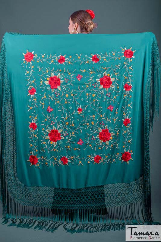 Manton de Manila Primaveral - Bordado Multicolor Agua Marina