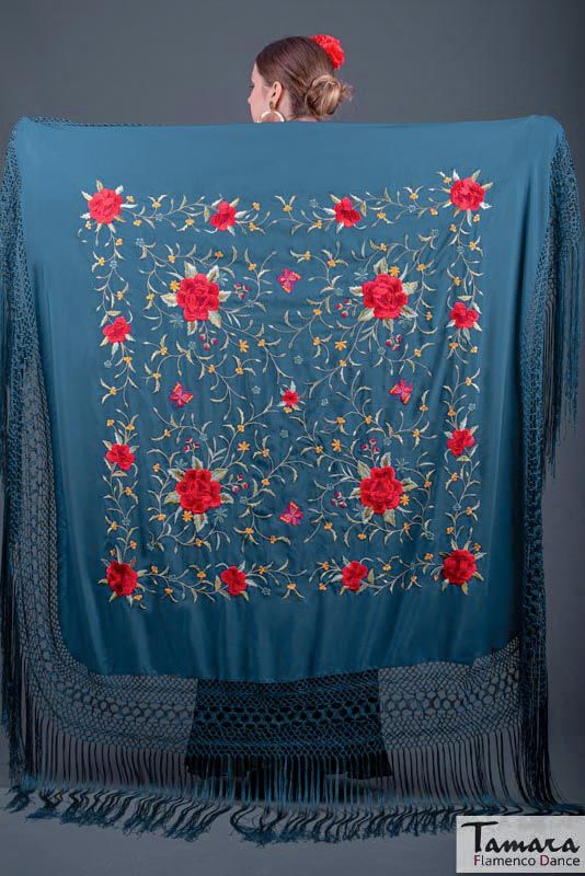 Manton de Manila Primaveral - Bordado Multicolor Petroleo