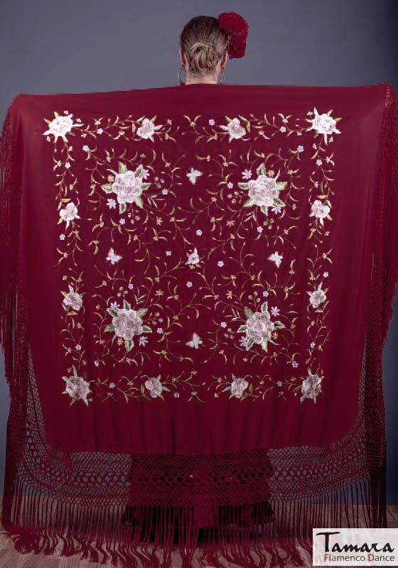 Manton de Manila Primaveral - Bordado Tonos tierra Burdeos