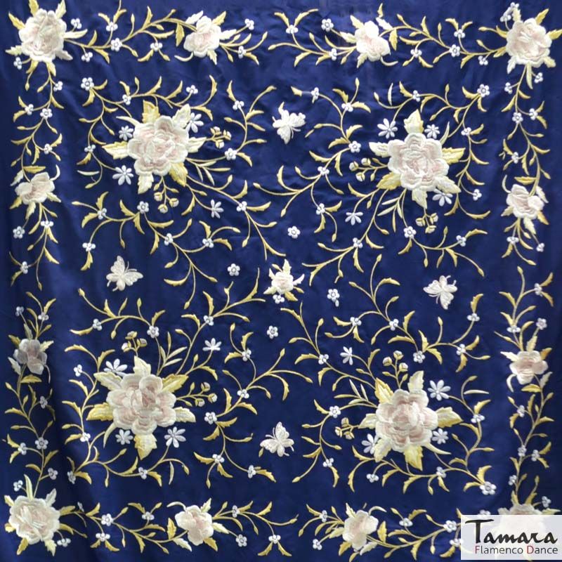 Manton de Manila Primaveral - Bordado Tierra y Oro Azul Marino