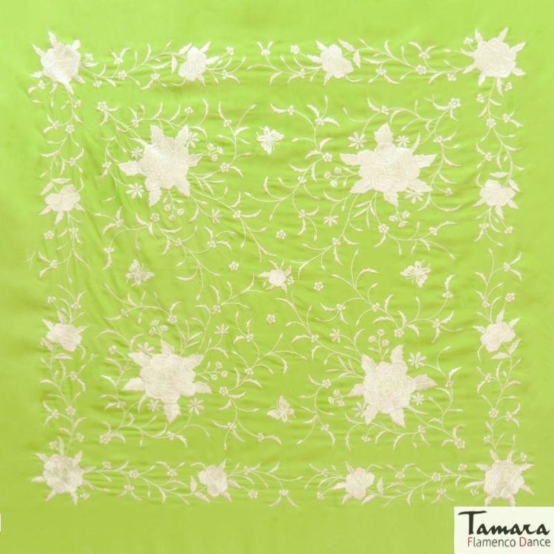 Manton de Manila Primaveral - Bordado Marfil Pistacho
