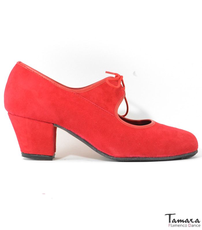 Zapatos de flamenco Semiprofesional Superior TAMARA - Ante Cordones Tacon Cubano Rojo
