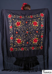 Manton de Manila Primaveral - Bordado Rojo y Oro Negro