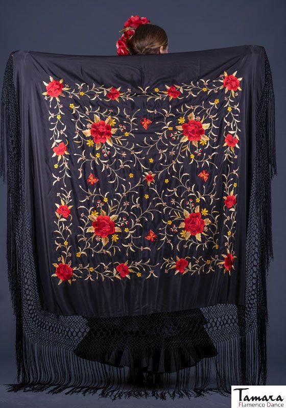 Manton de Manila Primaveral - Bordado Rojo y Oro Negro