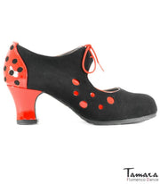 Zapatos de flamenco Lola Negro-Rojo ante/charol carrete 6 cm negro-rojo